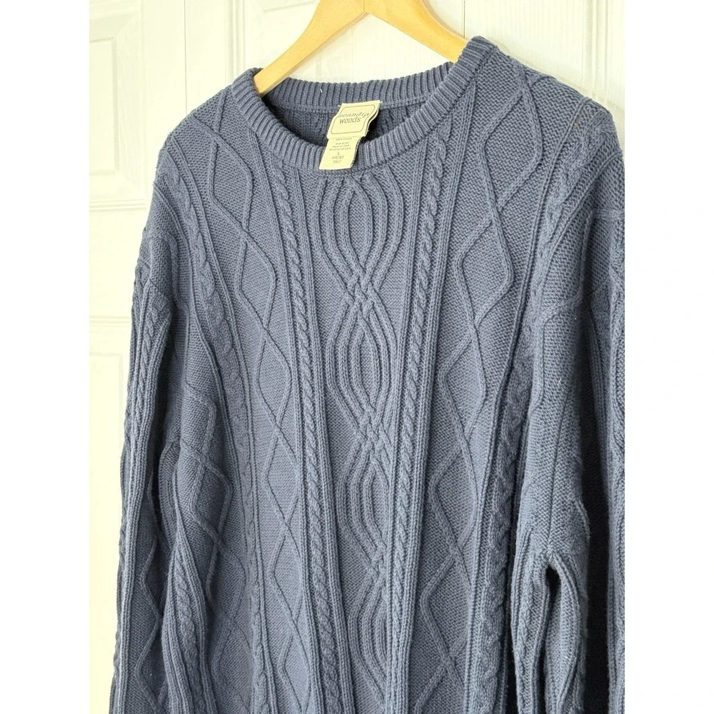 SCANDIA WOODS Men's Blue Cable Knit Cotton Crew Sweater Pullover -‎ LARGE